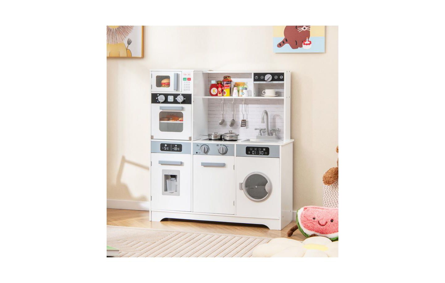 Детские игрушки HONGGE Pretend Play Kitchen Wooden Toy Set with Real Lights and Sounds, цвет: Белый — фото 5