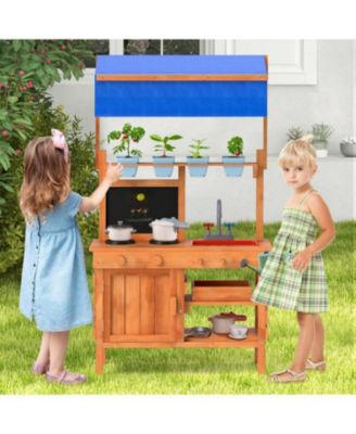 Wooden Pretend Play Kitchen with Adjustable Canopy for Kids