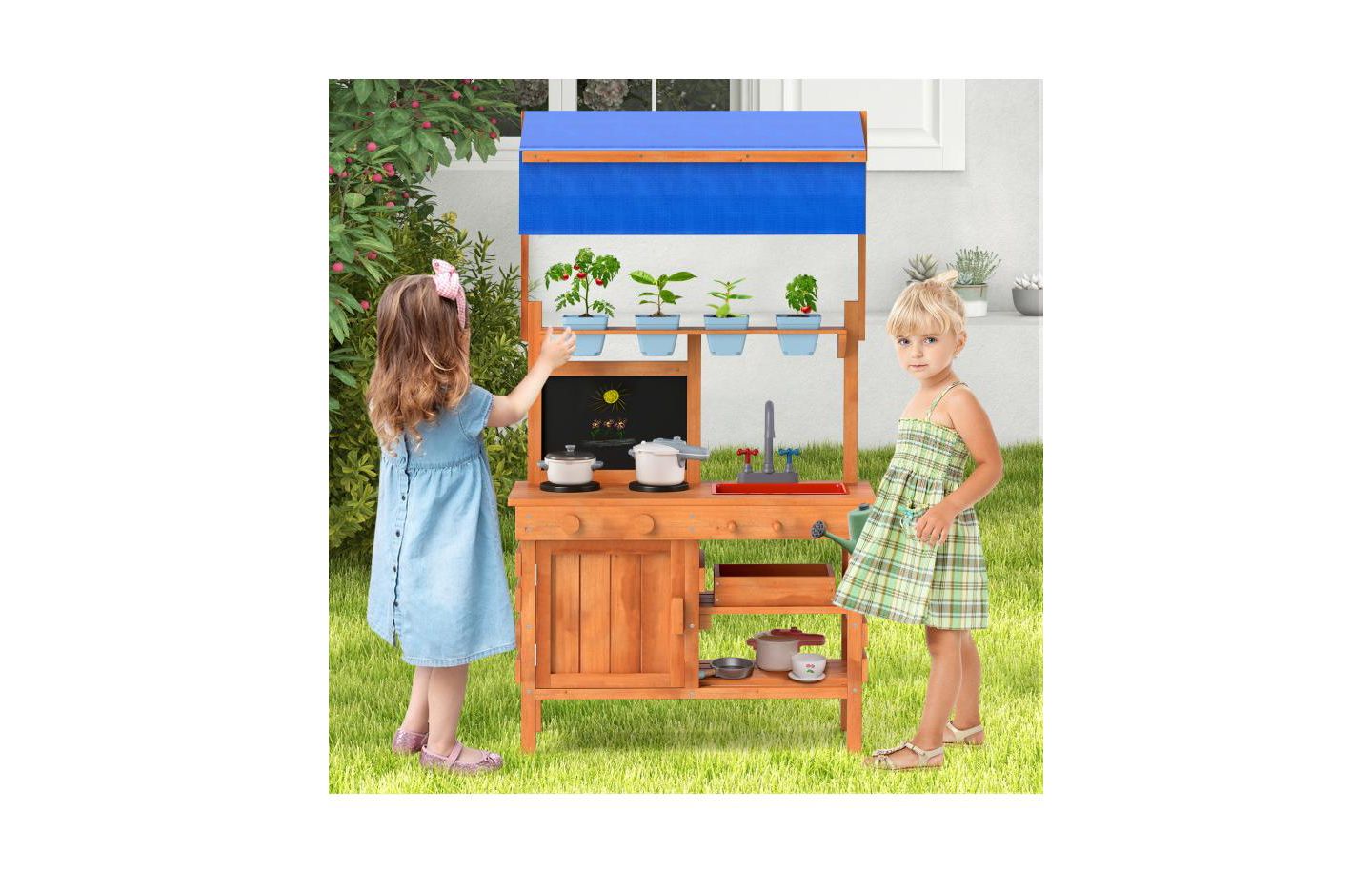Детская игрушка HONGGE Wooden Adjustable-Canopy Pretend Play Kitchen with Accessories, Ages 3+, цвет: Натуральный — фото 4