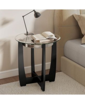 24 in Round Accent Side Table with Tempered Glass Top and Rubber Wood Base