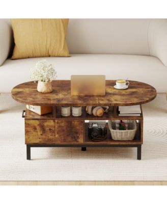 47-Inch Oval Coffee Table with Drawers and Open Compartments
