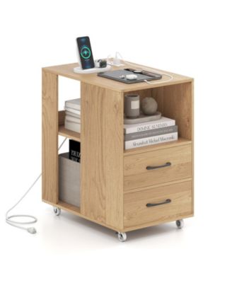 Rolling End Table with Charging Station, Drawers, and Open Shelves on Wheels