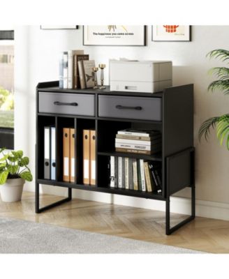 Large Mid-Century Record Player Stand with Charging Station and Vinyl Cabinet, 30 x 14 x 27 in