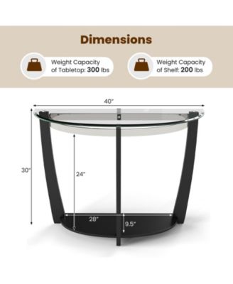 2-Tier Tempered Glass Half-Moon Console Table with Open Shelf, 40 x 16 x 30 in