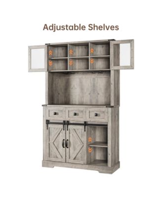 72" Farmhouse Bar Cabinet with Sliding Barn Door, Tall Buffet Hutch, 3 Drawers, Wine & Glass Rack for Living Room