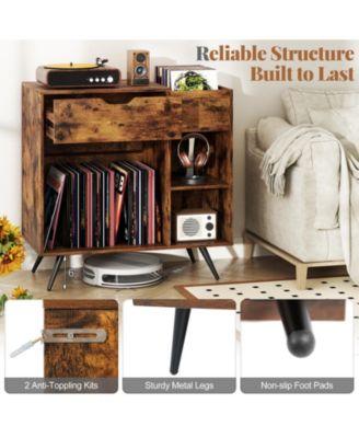 Record Player Stand with Power Outlet and Vinyl Storage Cubby, 31.5 x 16 x 31 in