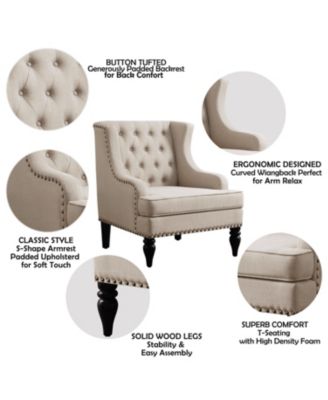 Vintage Button-Tufted Linen Accent Chair with Nailhead Trim, Plush Seat and Solid Wood Legs