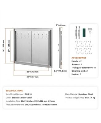 Double Stainless Steel BBQ Access Door 31W x 24H in with Handles and Hooks
