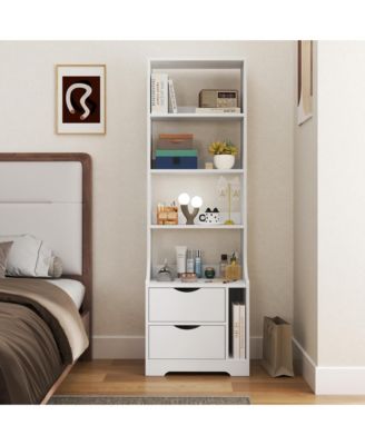 Tall Nightstand with Bookshelf - Freestanding Bedside Table with 2 Storage Drawers, Wood 4-Tier Bookcase for Bedroom