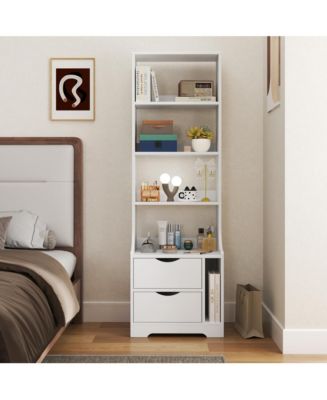 RAINSKEN Tall Nightstand with Bookshelf - Freestanding Bedside Table ...
