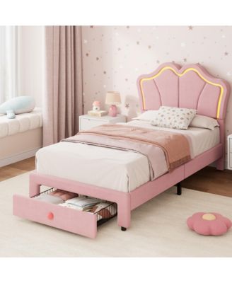Twin Size Upholstered LED Storage Bed Frame for Kids – Velvet Platform Bed with App-Controlled Lights,Storage Drawers, Wood Slats