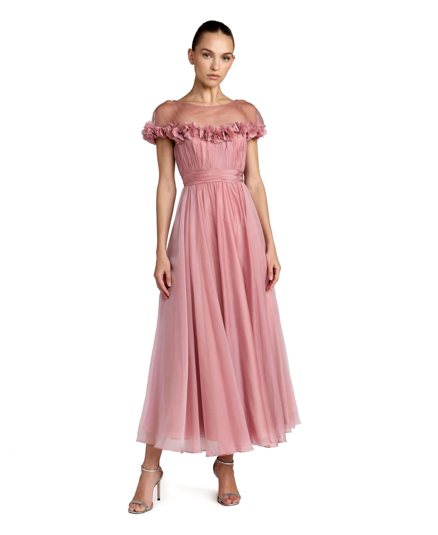 Women's Chiffon Illusion Neck Midi Dress with 3D Flowers