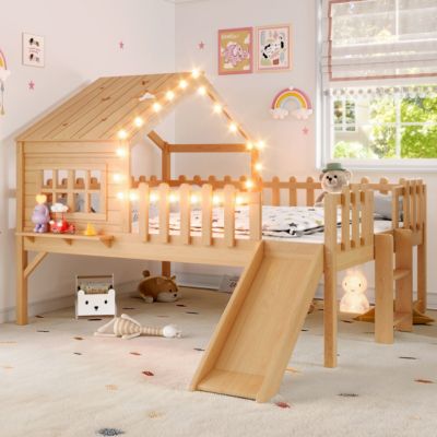 Loft Bed with Slide, Playhouse, LED Lights