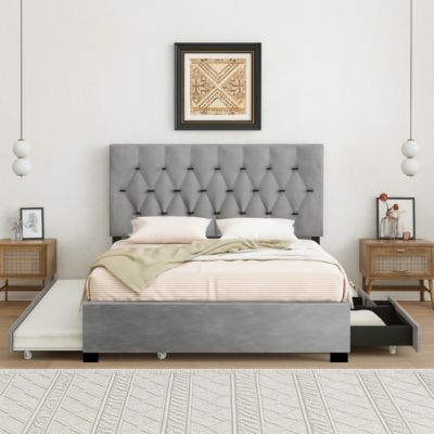 Queen Upholstered Bed w/ Trundle Storage, No Box Spring