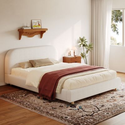 Boucle Queen Upholstered Bed, Curved Headboard