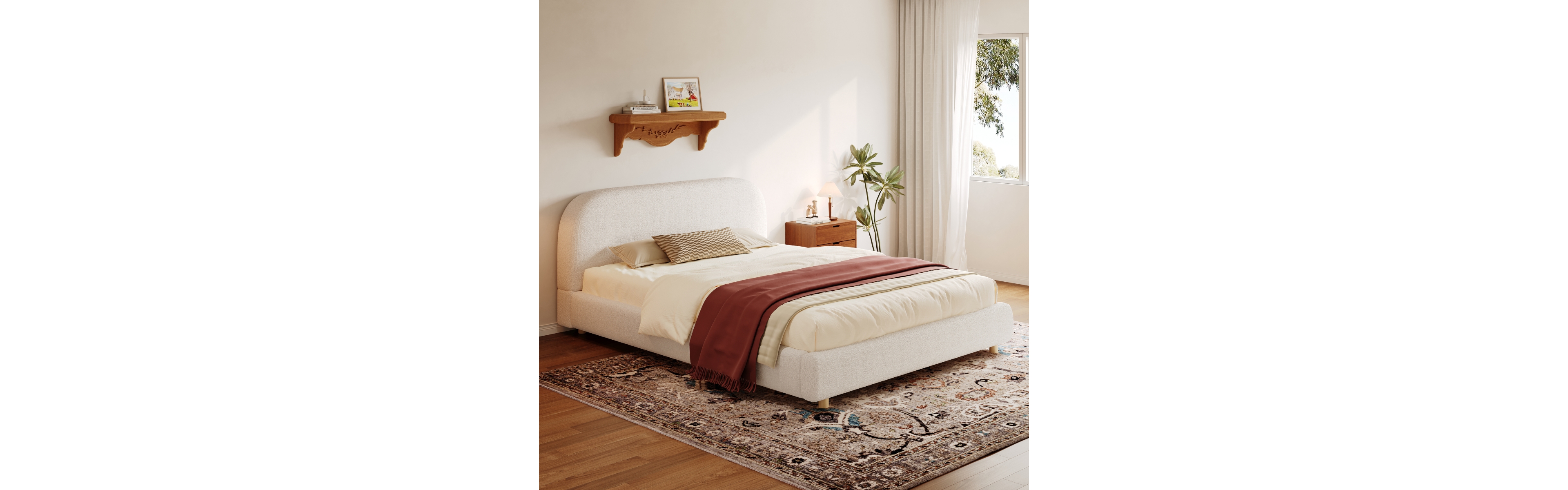 Streamdale Furniture Boucle Queen Upholstered Bed, Curved Headboard