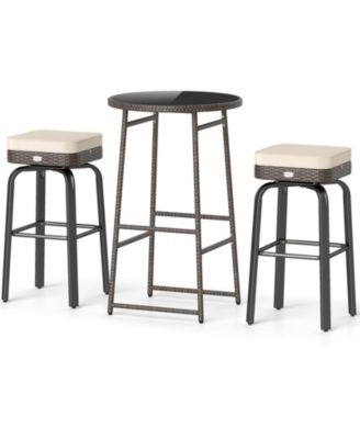 3-Piece Outdoor 360-Degree Swivel PE Rattan Bar Set with Tempered Glass Table