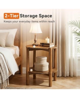 2-Tier Solid Wood Round Side Table, Farmhouse Rustic Nightstand, Small End Table