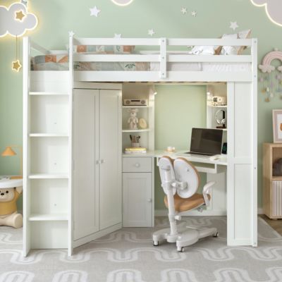 Loft Bed with Wardrobe and Desk, Charging, Lights
