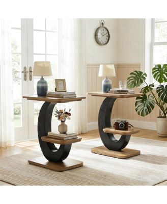 Side Table Set of 2, 2-Tier Narrow End Table, Industrial Wooden Side Table with Metal Arc-Shaped Frame, Bedside Nightstand