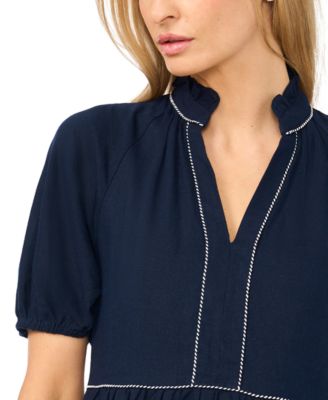 Женское платье CeCe Linen-Blend Split Neck Short-Sleeve Babydoll, цвет: Тёмно-синий — фото 4