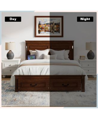 LED Storage Bed w/USB, Walnut Pinewood Frame
