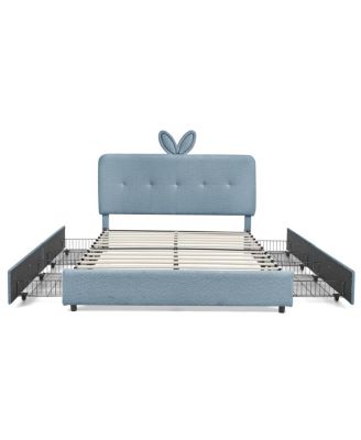 Kids Upholstered Bed w/ Rabbit Headboard, LED and Drawers