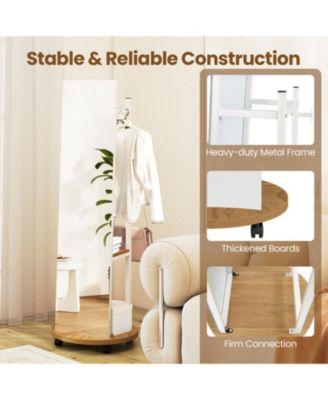 Freestanding Coat Rack with Full-Length Mirror, 3 Hooks and Storage Shelves on Wheels