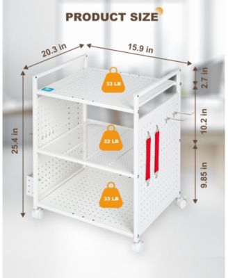 3-Tier Rolling Stand with Pegboard, Adjustable Shelf for Office/Home