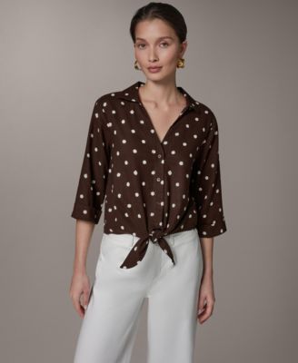 Women's Linen Dot Print 3/4 Sleeve Tie Front Blouse
