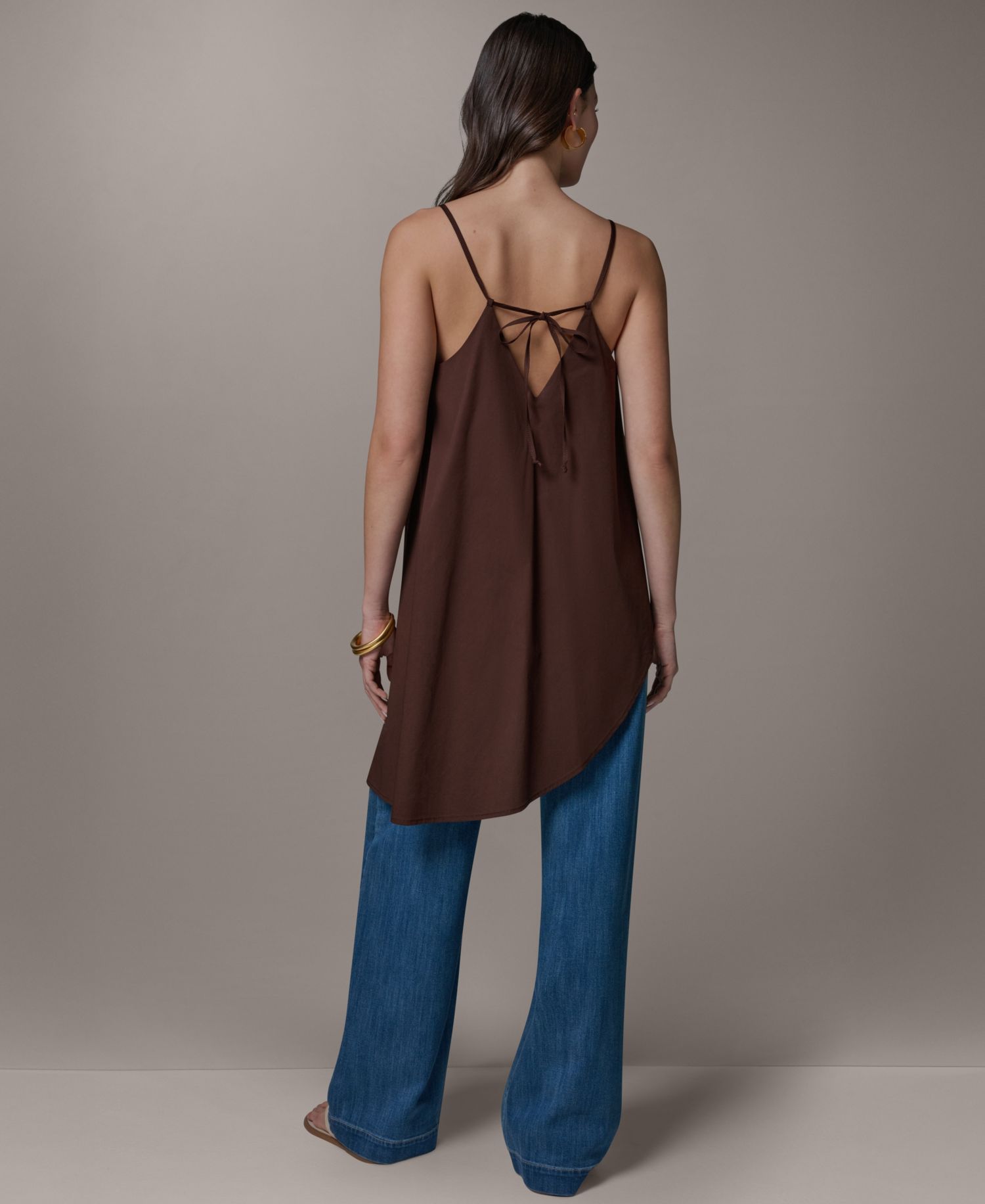 Women's Stretch Poplin Tie-Strap Cami Blouse with Asymmetrical Hem