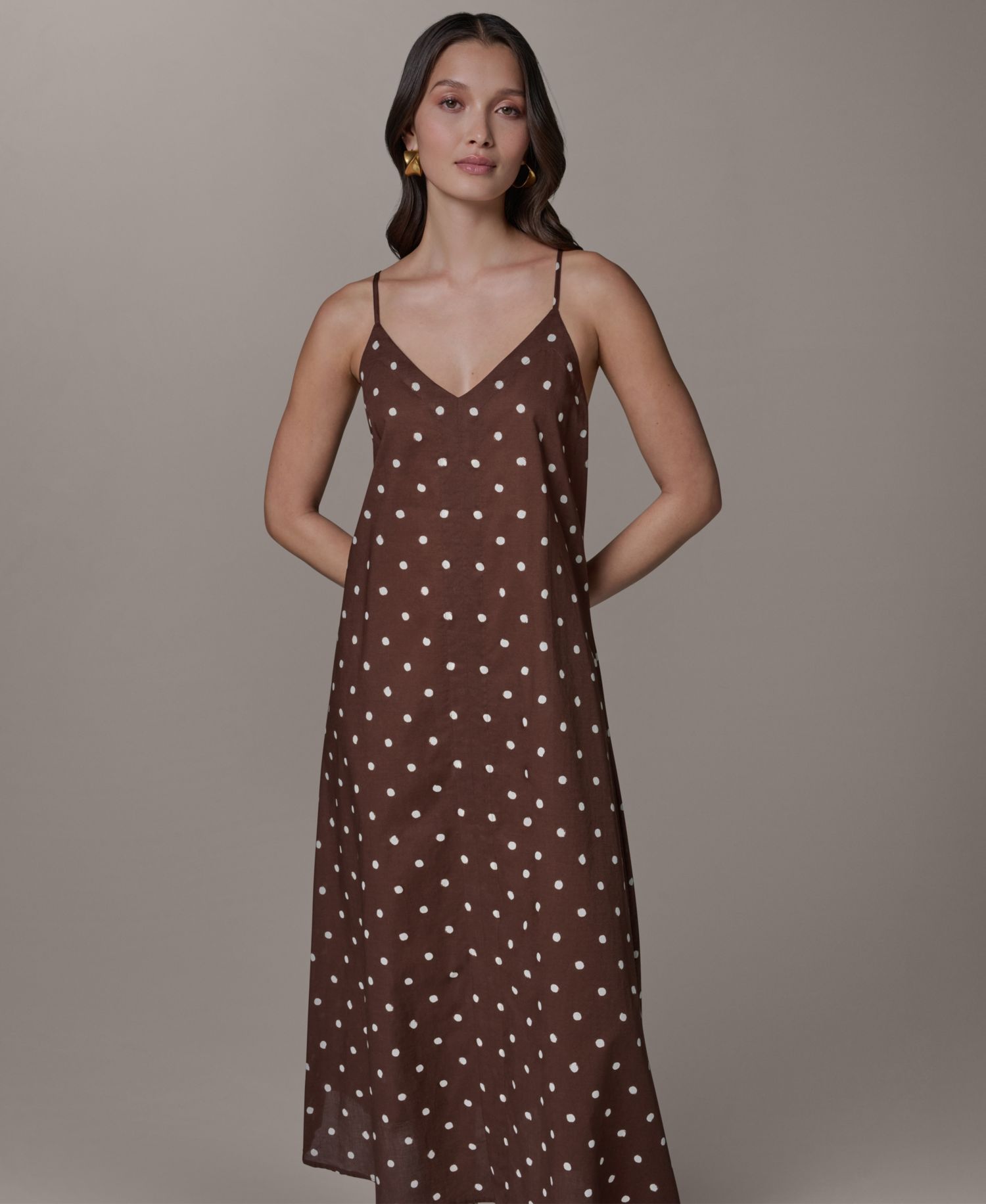 Women's Cotton Voile Dot Print Elastic Back V-Neck Spaghetti Strap Maxi Dress