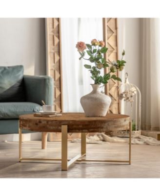 31.3" Modern Retro Round Coffee Table, Fir Wood Top, Gold Legs