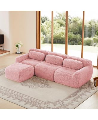 L-shaped Plush Sofa with Throw Pillows
