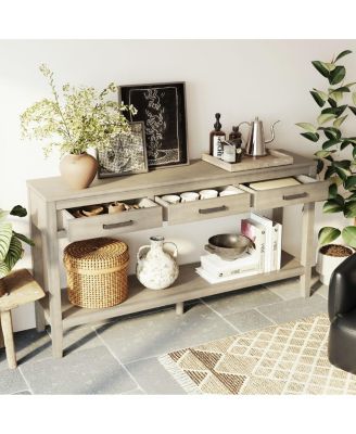 59.1" Farmhouse Entryway Table with 3 Drawers and Bottom Shelf.
