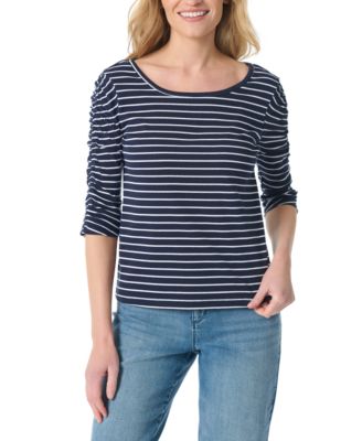 Women's Striped Round Neck Ruched-Sleeve Tunic Top