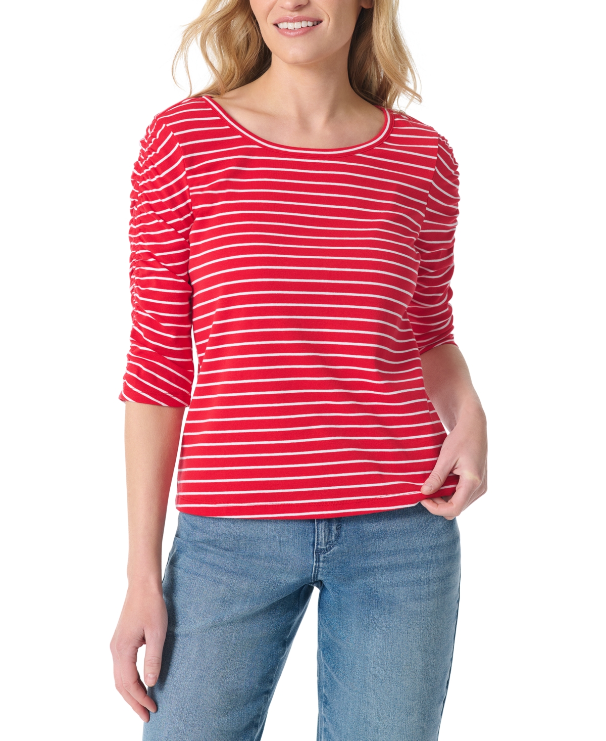 Gloria Vanderbilt Women's Striped Round Neck Ruched-Sleeve Tunic Top