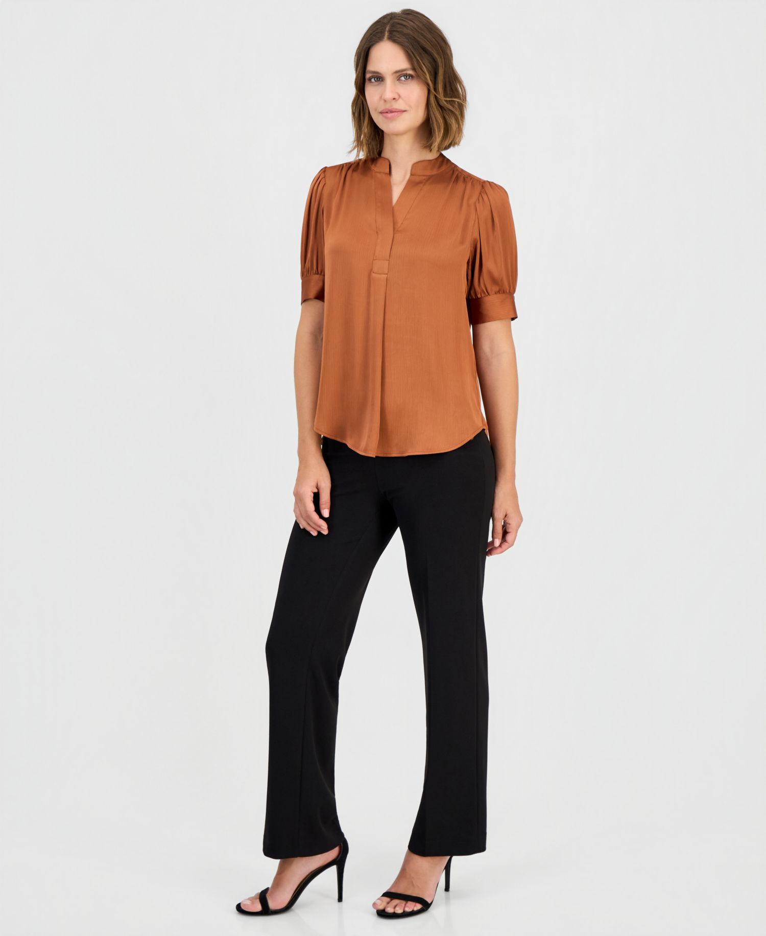 Petite Short Puff-Sleeve Y-Neck Blouse