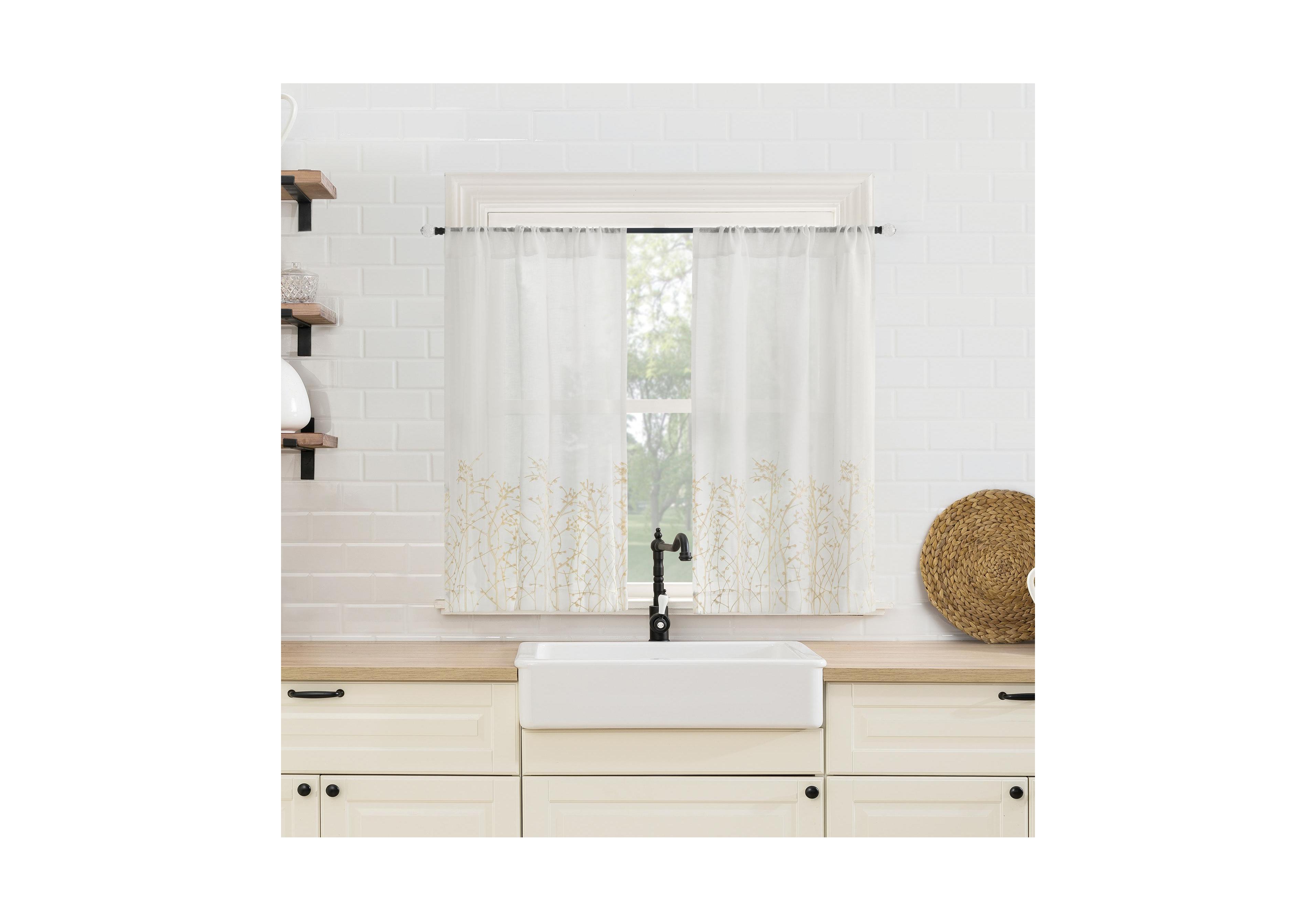 No. 918 Madeira Embroidered Floral Sheer Rod Pocket Kitchen Curtain Tier Pair