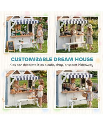 Outdoor Playhouse, Wooden Kids Playhouse with Dog Door for Garden