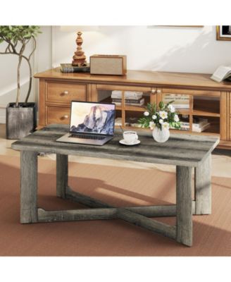 Rectangle Coffee Table Rubber Wood Base with X-Shaped Base-Gray