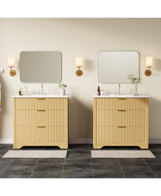Fluted Bathroom Vanity with Sink, Farmhouse Freestanding Cabinet with 2 Drawers and Flip-Down Drawer, Easy Assembly