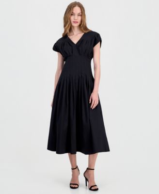 Anne Klein Womens Pleated Waist V Neck Midi Dress