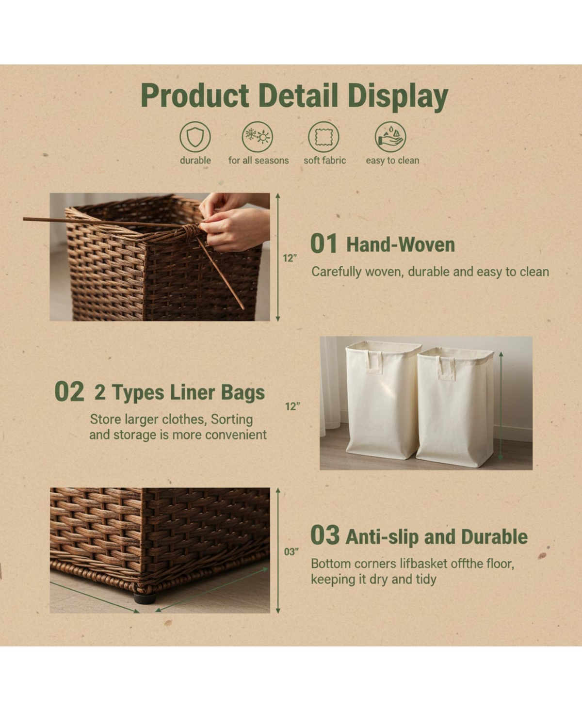 Yigii Storage Basket With Lid Woven Wicker 2 Bins 92 Gallon Foldable Removable Liners For Bedroom Laundry Room