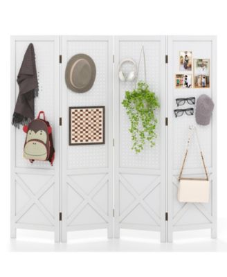 Pegboard Display Stand 4 Panel Folding Room Divider with Wooden Frame