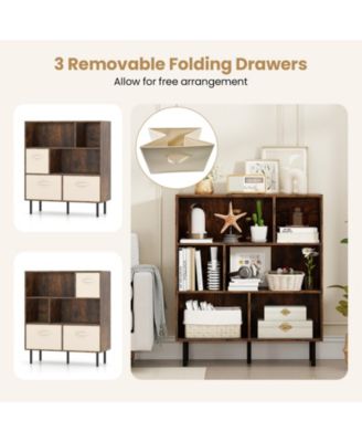 6-Cube Bookshelf with 3 Removable Folding Fabric Drawers for Living Room