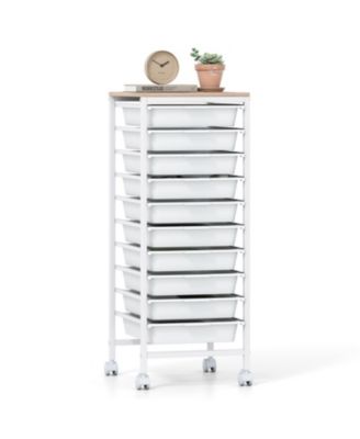 10-Drawer Rolling Storage Cart Mobile Utility Organizer with Wooden Tabletop and Lockable Wheels