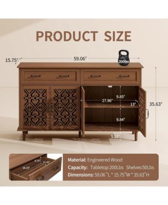 Vintage Sideboard Buffet Cabinet, Entryway 4 Doors Storage Cabinet with Hand-Carved Hollow Doors, 2 Drawers and Metal Handles for Living Room