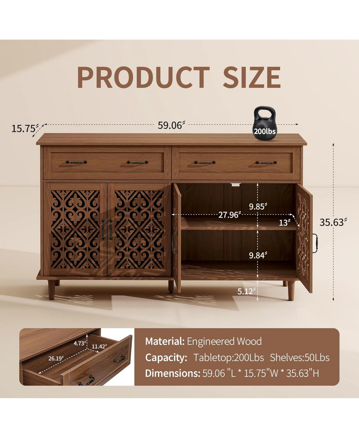 Rainsken Vintage Sideboard Buffet Cabinet, Entryway 4 Doors Storage Cabinet with Hand-Carved Hollow Doors, 2 Drawers and Metal Handles for Living Room
