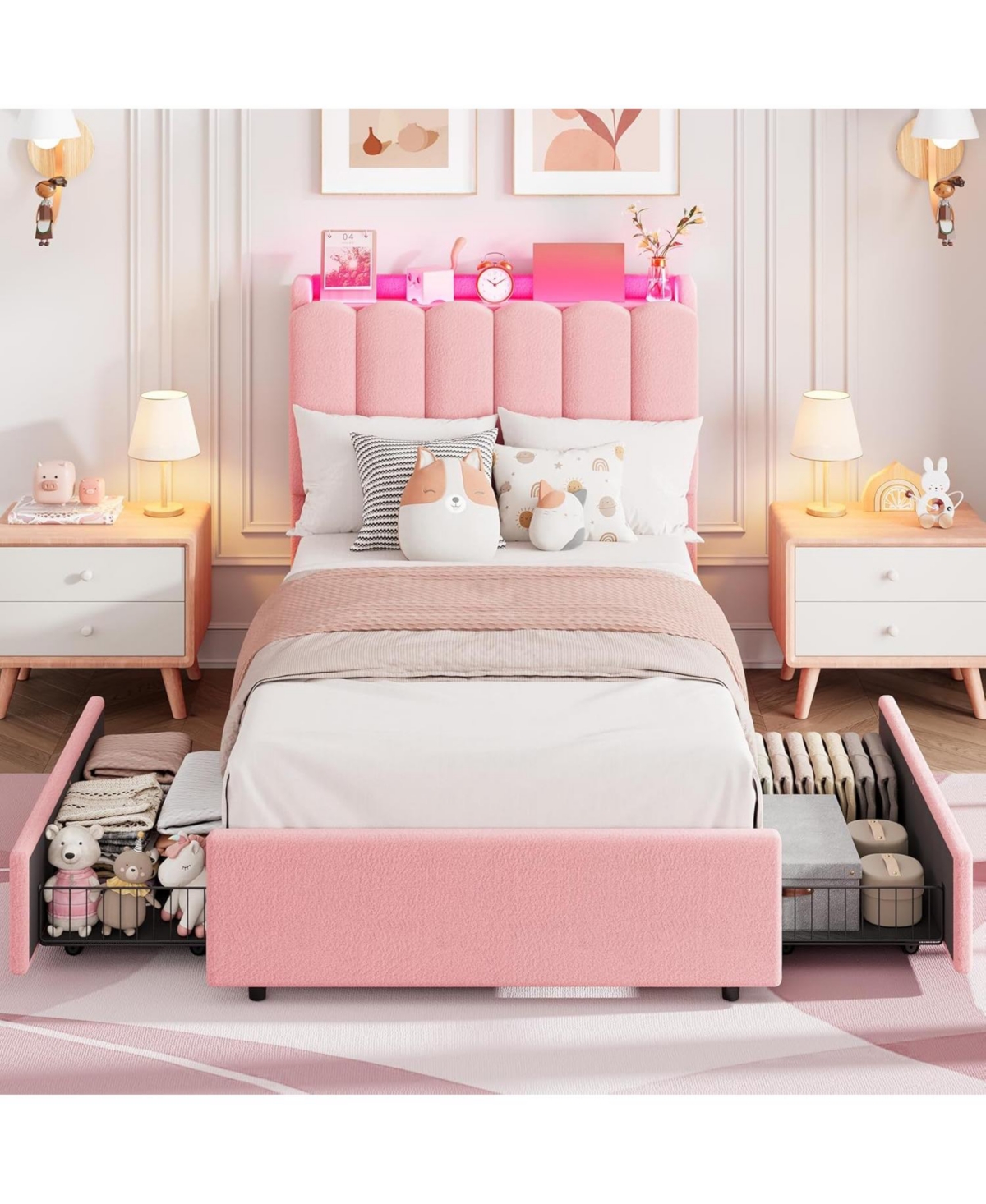 gaomon Led Bed Frame with Storage Headboard, Boucle Upholstered Platform for Girls, 2 Drawers and Bookcase